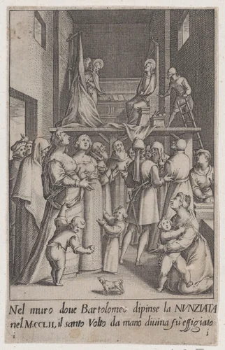 The Painting of the Aunnunciation, from Scelta d'Alcuni Miracoli e Grazie della Santissima Nunziata di Firenze (Selection of Some Miracles and Graces that Occurred in the Church of the Annunziata in Florence) by Jacques Callot, print, 1611-1619
