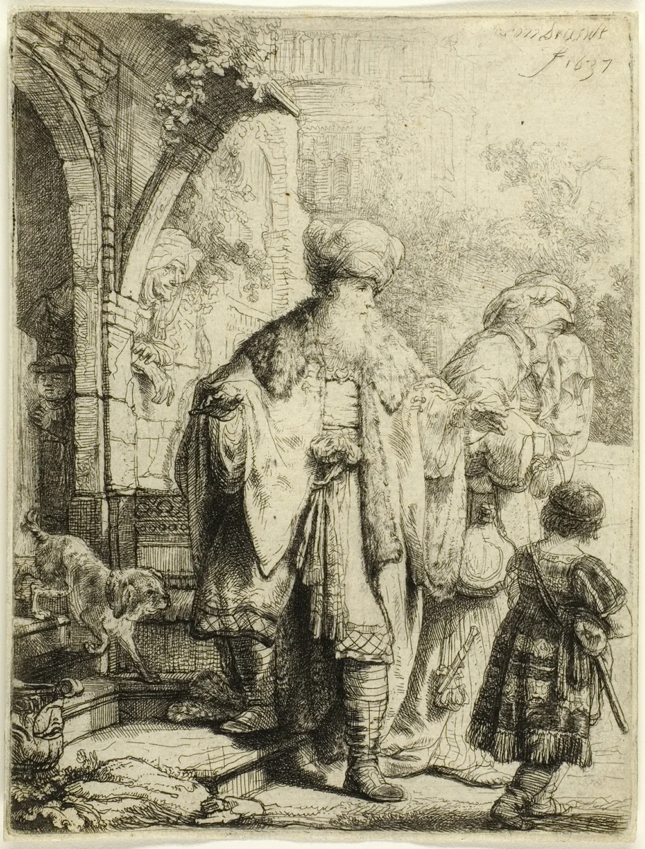 Abraham Casting out Hagar and Ishmael by Rembrandt van Rijn, print, 1637