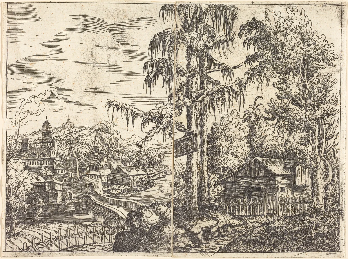 Landscape with View of a Farmer's Cottage and a Town near a River by Hanns Lautensack, print, 1551
