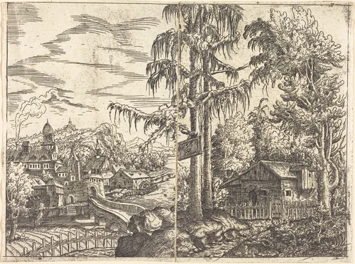 Landscape with View of a Farmer's Cottage and a Town near a River by Hanns Lautensack, print, 1551