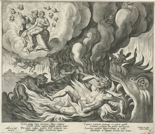 Lazarus in de hemel en de rijke man in de hel by Crispijn van de Passe, print, 1589-1611