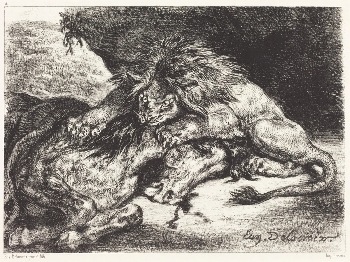 Lion Devorant un Cheval (Lion Devouring a Horse) by Eugène Delacroix, print, 1844