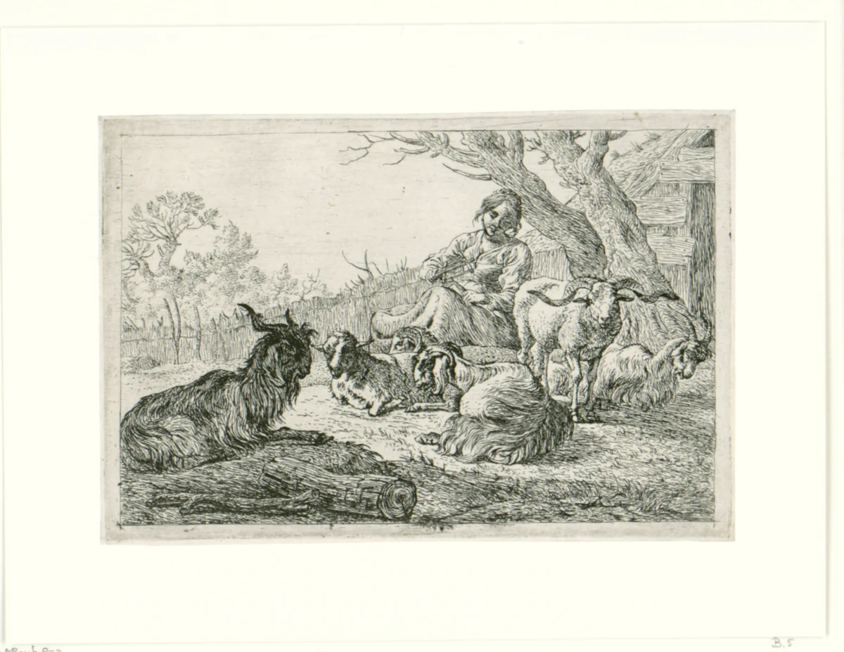 Herderin te midden van geiten en schapen by Pieter Bodding van Laer, print, 1636