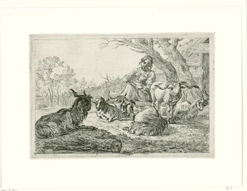 Herderin te midden van geiten en schapen by Pieter Bodding van Laer, print, 1636