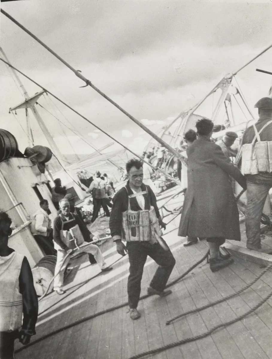 "Just Before the Waves Closed Over the Vestris". (man in life jacket) by Fred Hansen, photograph, 1928