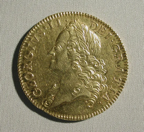 Five guineas coin of George II by John Croker, metalwork, 1753