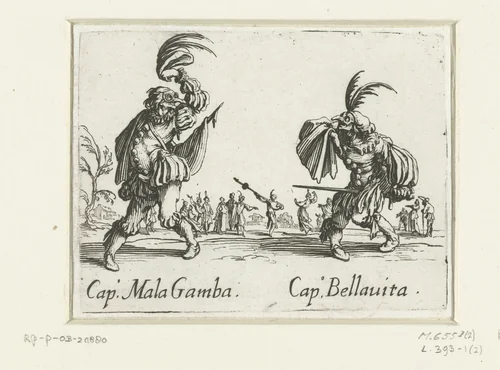 Twee straatartiesten als Capitano Mala Gamba en Capitano Bellavita by Jacques Callot, print, 1621-1622