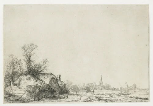 Cottage beside a canal with a view of Ouderkerk by Rembrandt van Rijn, print, 1641
