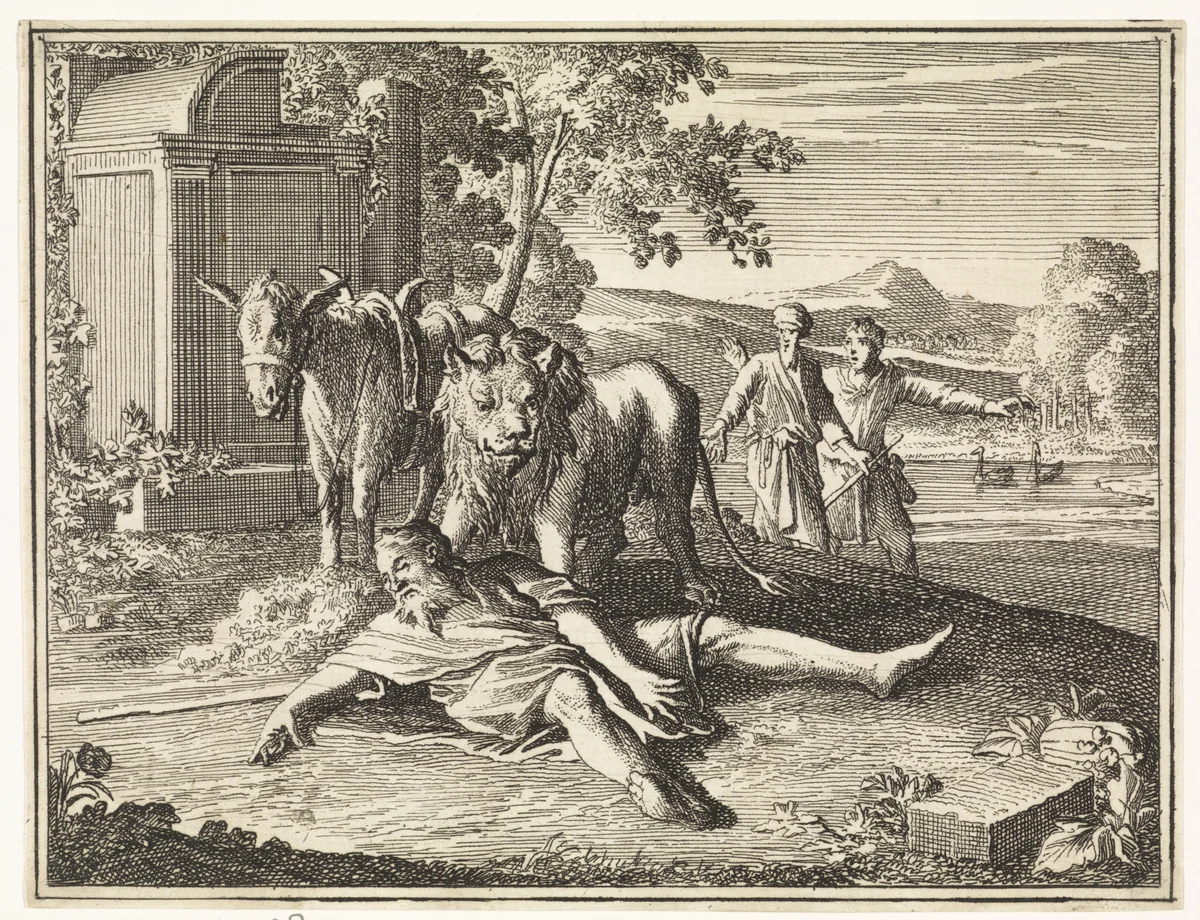 Landschap met een door een leeuw verscheurde profeet uit Juda by Caspar Luyken, print, 1712