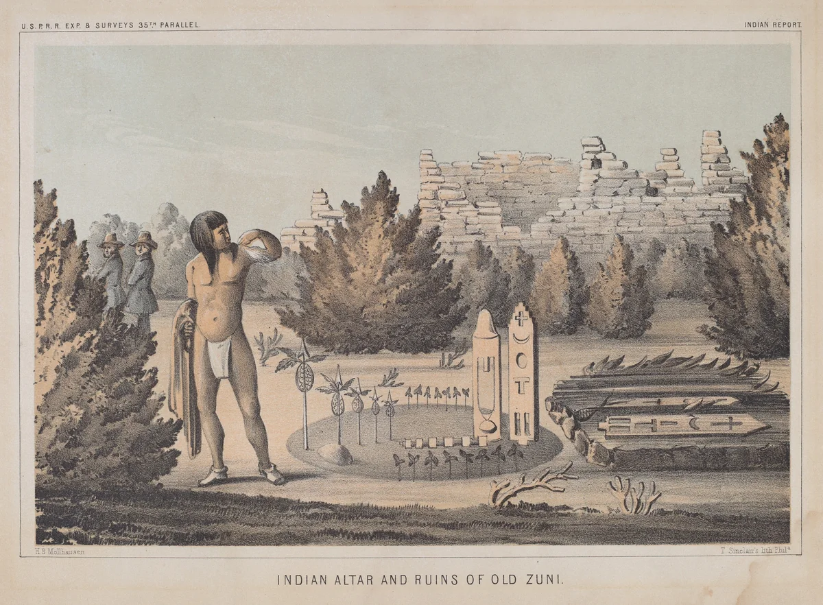 Indian Altar and Ruins of Old Zuni by Heinrich Baldwin Mollhausen, print, 1855