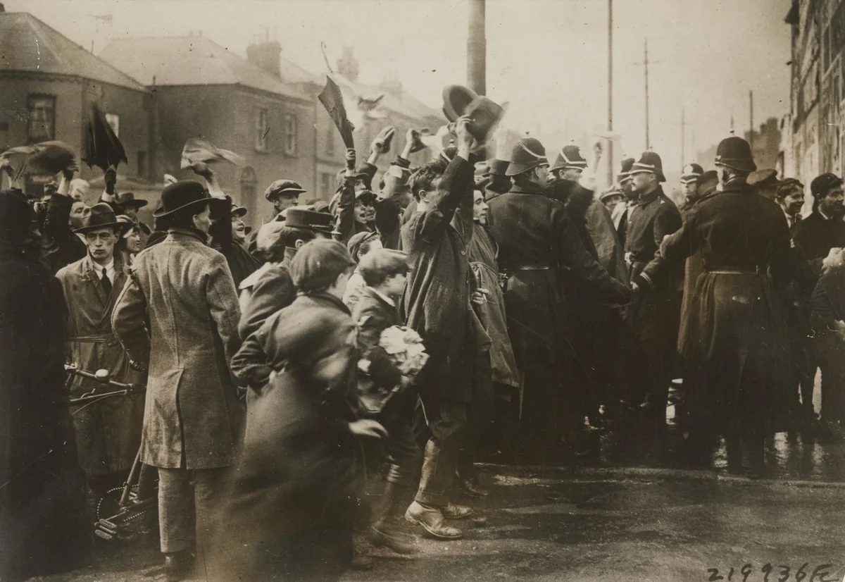 Mob of Irish Residents of Dublin Outside Mount Jay Prison Cheering the 104 Hunger Strikers by Underwood and Underwood, photograph, 1920