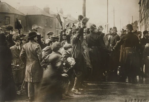Mob of Irish Residents of Dublin Outside Mount Jay Prison Cheering the 104 Hunger Strikers by Underwood and Underwood, photograph, 1920