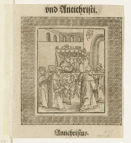 Paus wordt gedragen in een draagstoel by Lucas Cranach, print, 1521-1522