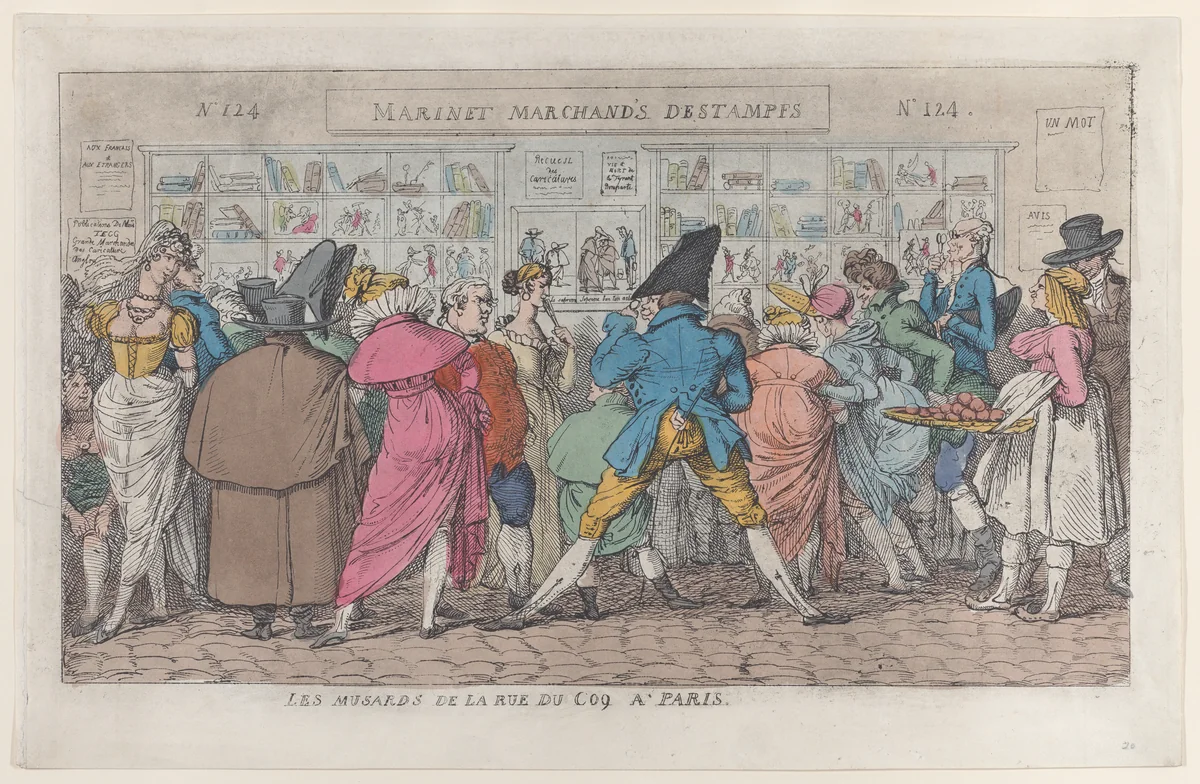 Les Musards de la Rue du Coq à Paris (Dawdlers of the Rue Coq) by Thomas Rowlandson, print, 1805-1815