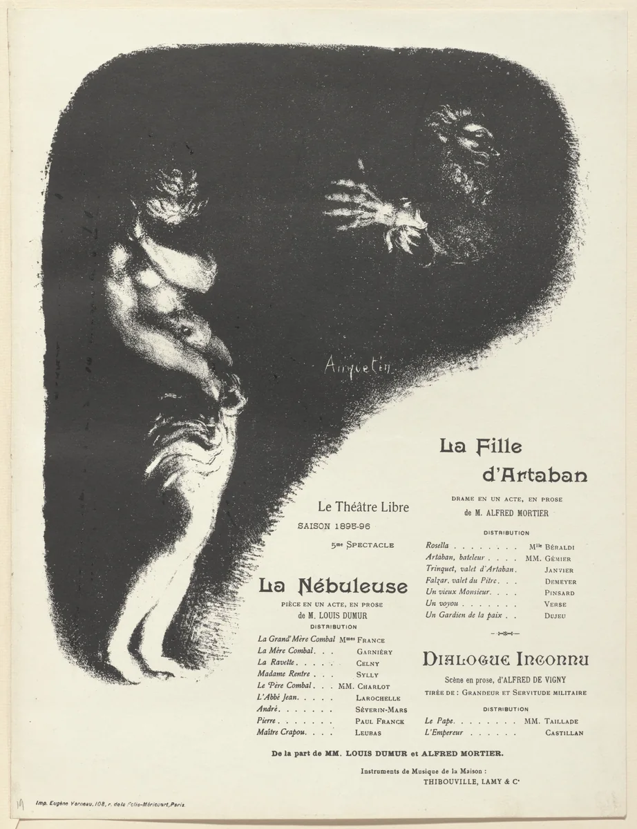 Program for The Daughter of Artabanus (La Fille d'Artaban), The Nebula (La Nébuleuse) and Unknown Dialogue (Dialogue inconnu) from The Beraldi Album of Theatre Programs by Louis Anquetin, print, 1896