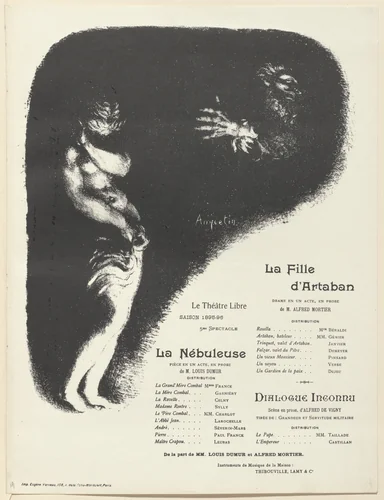 Program for The Daughter of Artabanus (La Fille d'Artaban), The Nebula (La Nébuleuse) and Unknown Dialogue (Dialogue inconnu) from The Beraldi Album of Theatre Programs by Louis Anquetin, print, 1896