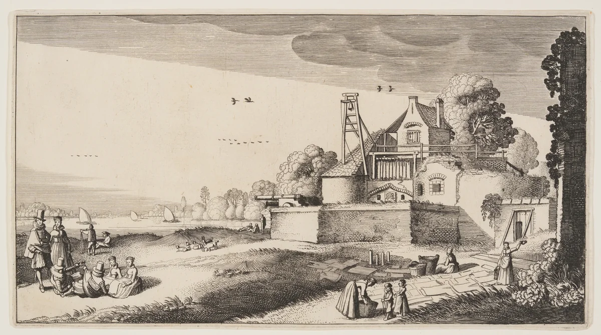 Bleaching-Field in Front of a Fort on a River, from Landscapes (Playsante Lantschappen) by Claes Jansz. Visscher II, print, 1641