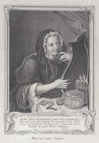 The Coquettish Widow by Simon Nicolas Duflos, print, 1747