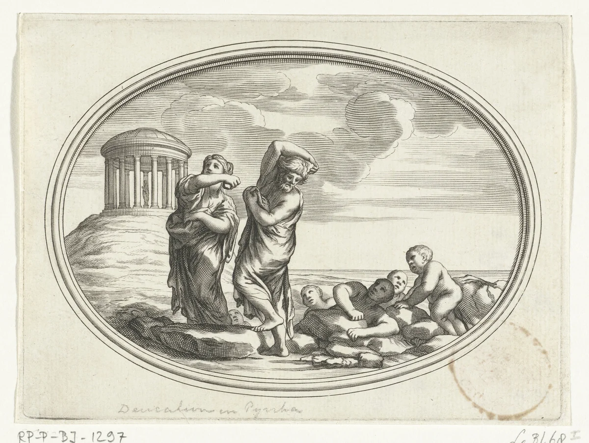 Deucalion en Pyrrha by Cornelis Bloemaert, print, 1633-1692