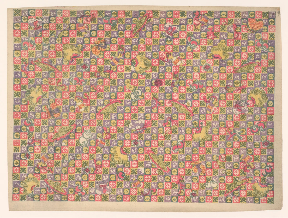 Strooipatroon van diverse objecten (hoeden en vliegers) over een schaakbordpatroon met tekens by anonymous, other, 1860-1930