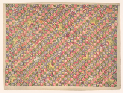 Strooipatroon van diverse objecten (hoeden en vliegers) over een schaakbordpatroon met tekens by anonymous, other, 1860-1930