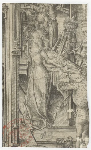De onthoofding van Johannes de Doper (fragment) by Israhel van Meckenem, print, 1455-1503