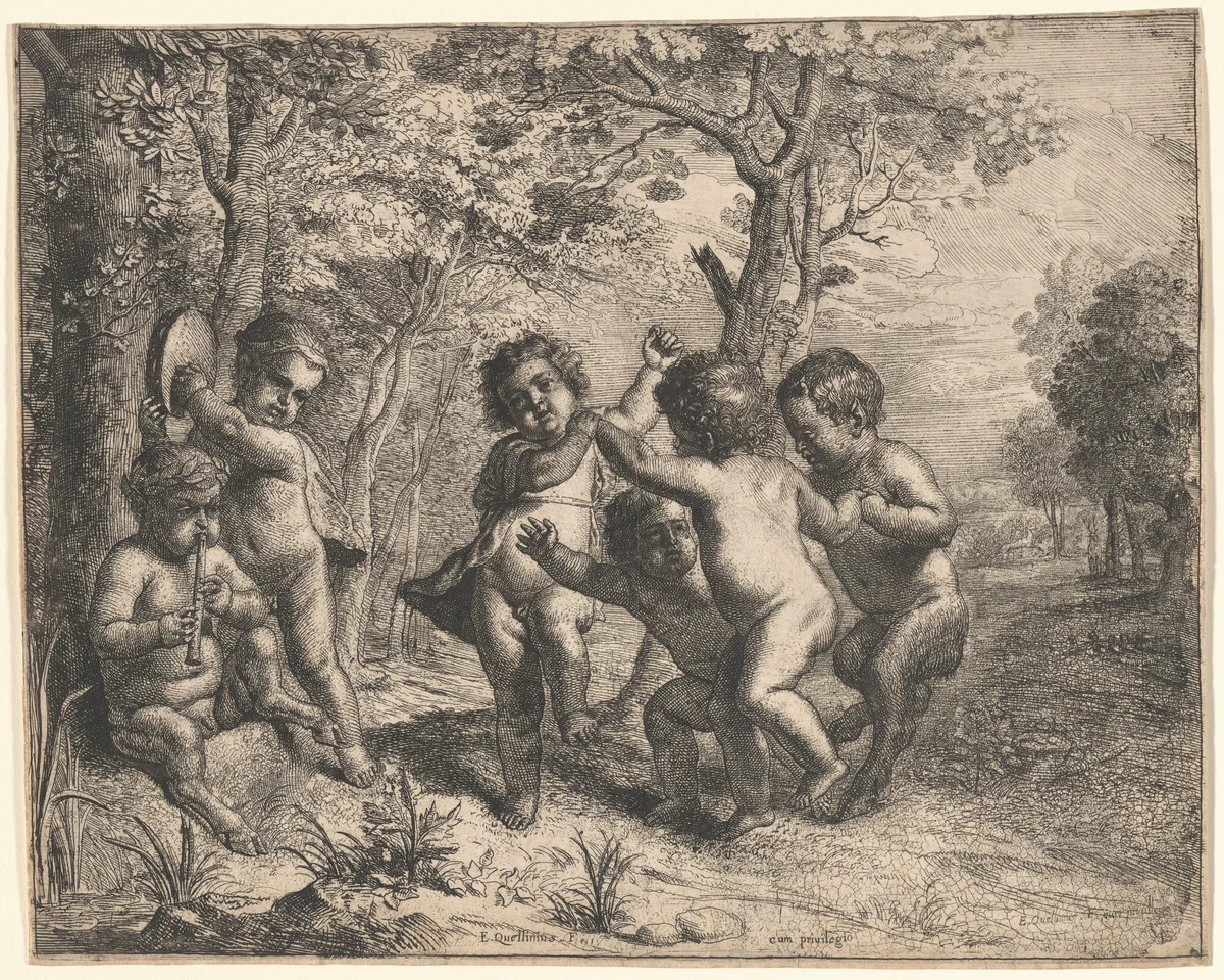 Four Dancing Children and Two Making Music by Erasmus Quellinus II, print, 1635-1645