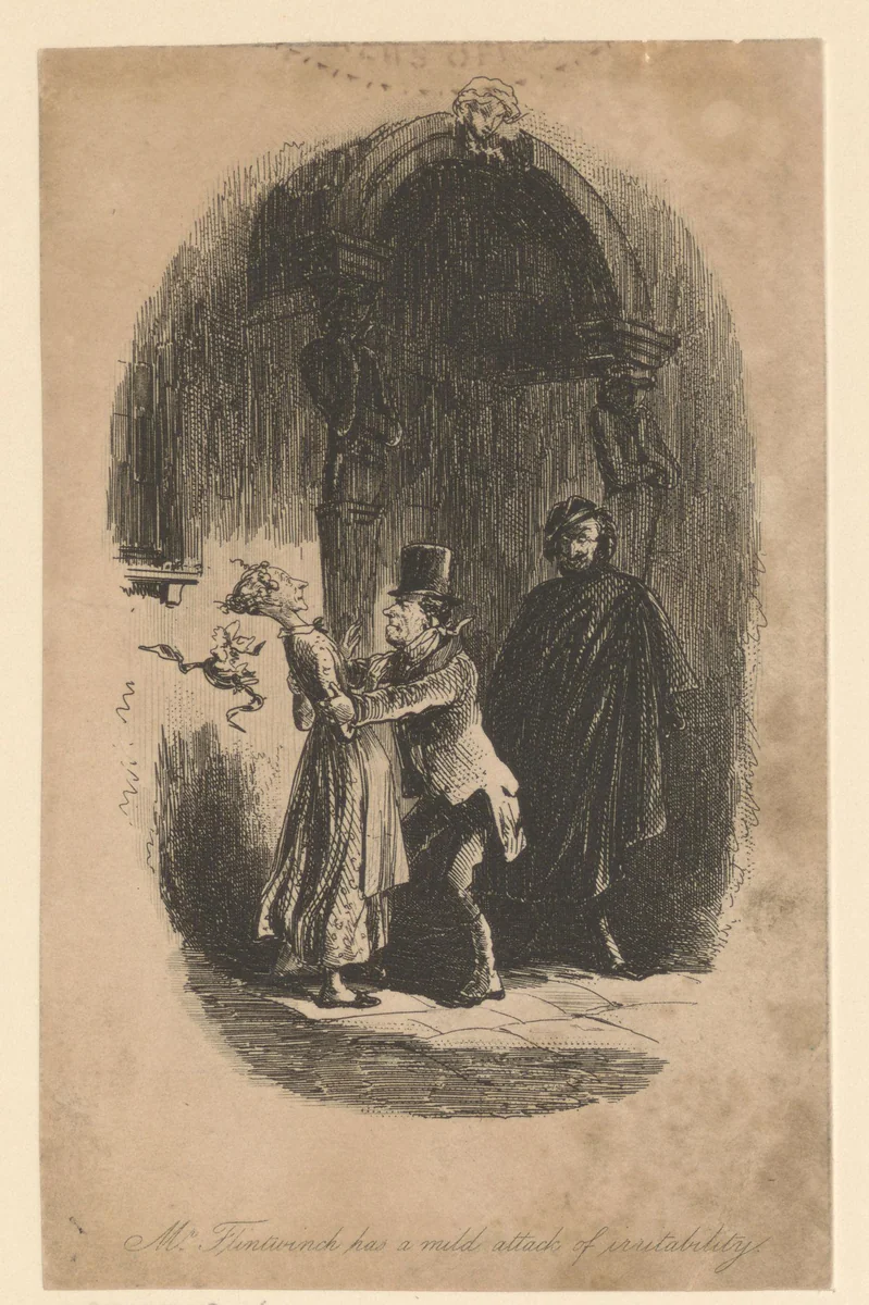 Jeremiah Flintwinch uit Charles Dickens' Little Dorrit grijpt een vrouw bij haar armen by Hablot Knight Browne, print, 1857