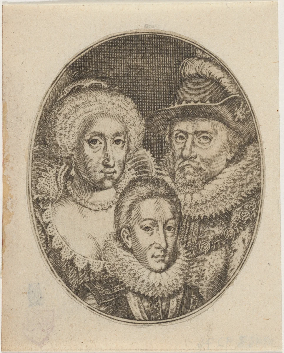 James I, Anne of Denmark, and Prince Charles by Simon van de Passe, print, 1595-1647
