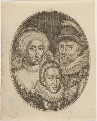 James I, Anne of Denmark, and Prince Charles by Simon van de Passe, print, 1595-1647