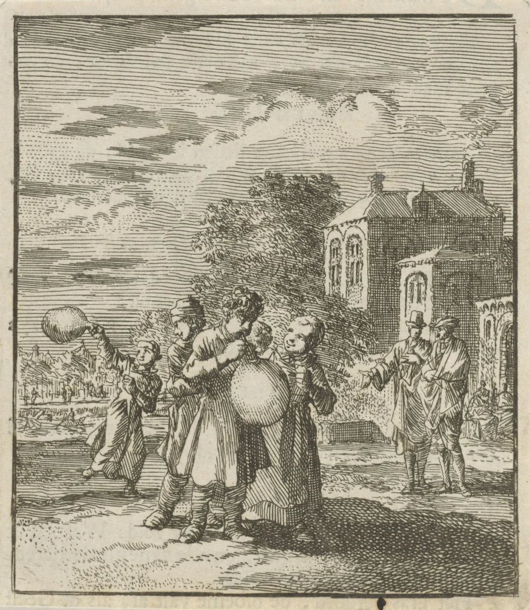 Kinderen spelend met een varkensblaas by Jan Luyken, print, 1712