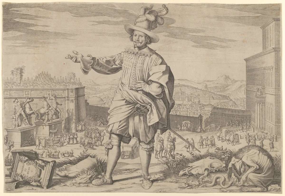 Portrait of Ioannes Altus (Johann Alten), of the Swiss Guard, standing by the Quirinal and pointing out the antiquities of Rome by Francesco Villamena, print, 1623