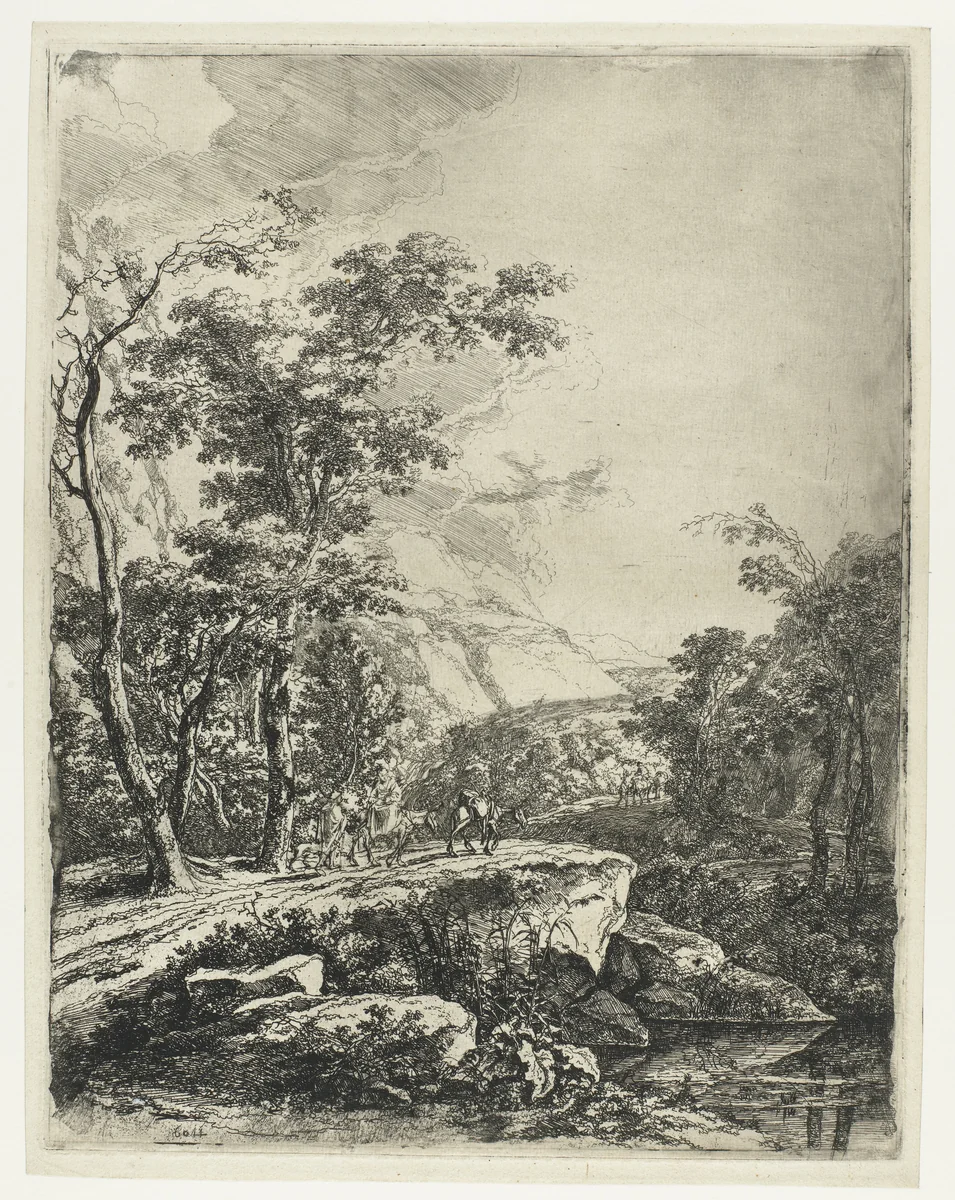 Landschap met vrouw rijdend op een muilezel langs de Aqua Negro tussen Bologna en Florence by Jan Both, print, 1644-1652