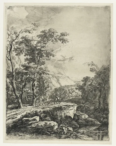Landschap met vrouw rijdend op een muilezel langs de Aqua Negro tussen Bologna en Florence by Jan Both, print, 1644-1652