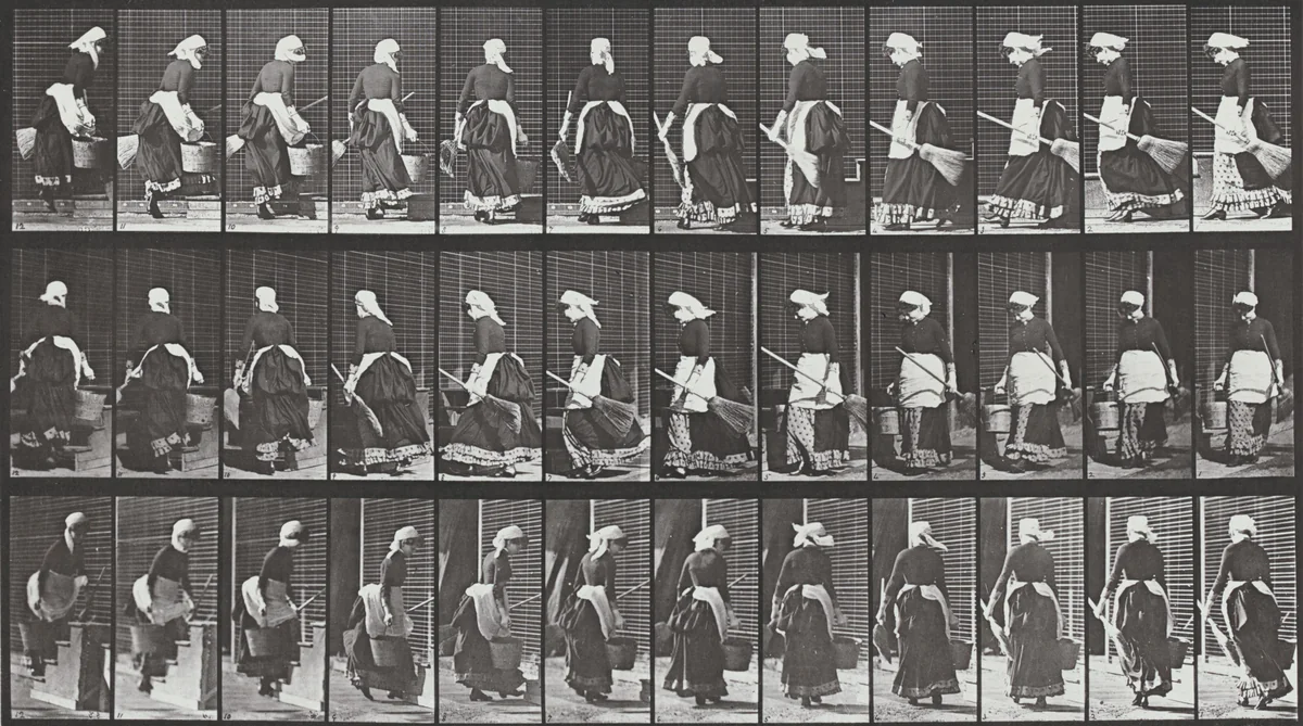 Plate Number 107. Turning to ascend stairs with a bucket of water and a broom in hands by Eadweard Muybridge, photograph, 1887