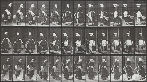 Plate Number 107. Turning to ascend stairs with a bucket of water and a broom in hands by Eadweard Muybridge, photograph, 1887