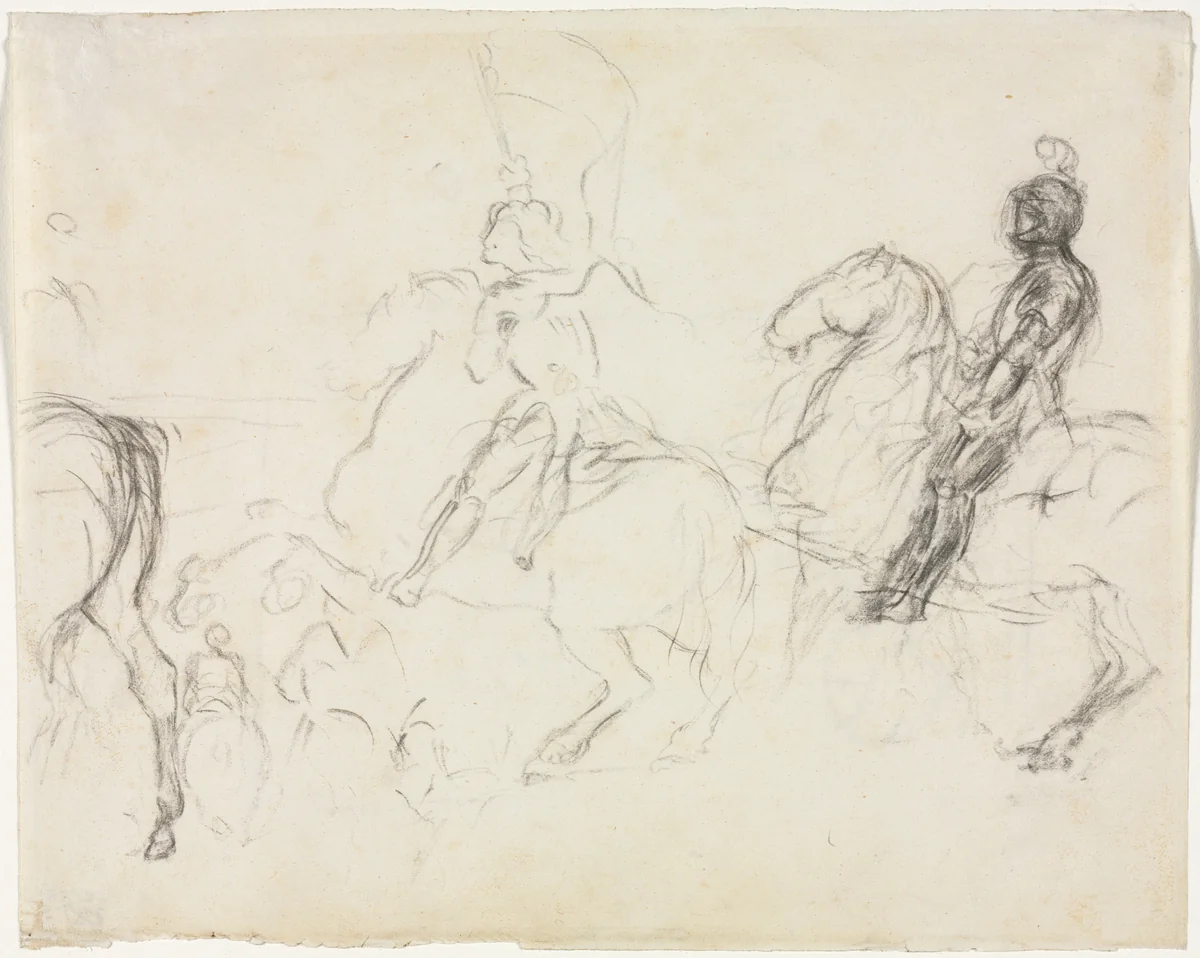 Battle Scene with Armored Figures on Horseback (recto) by Edgar Degas, drawing, 1856-1860