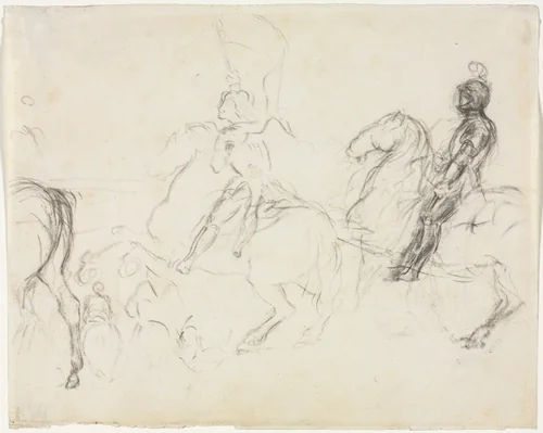 Battle Scene with Armored Figures on Horseback (recto) by Edgar Degas, drawing, 1856-1860