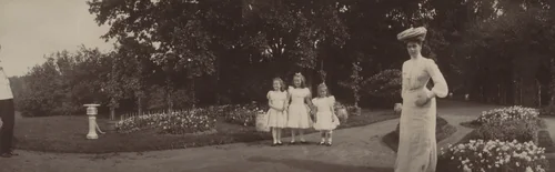 Grand Duke Alexander Mikhailovich At Far Left, Grand Duchess Xenia Alexandrovna At Right and Duchesses Tatiana, Olga and Maria in Garden, Peterhof by Unidentified Photographer, photograph, 1900