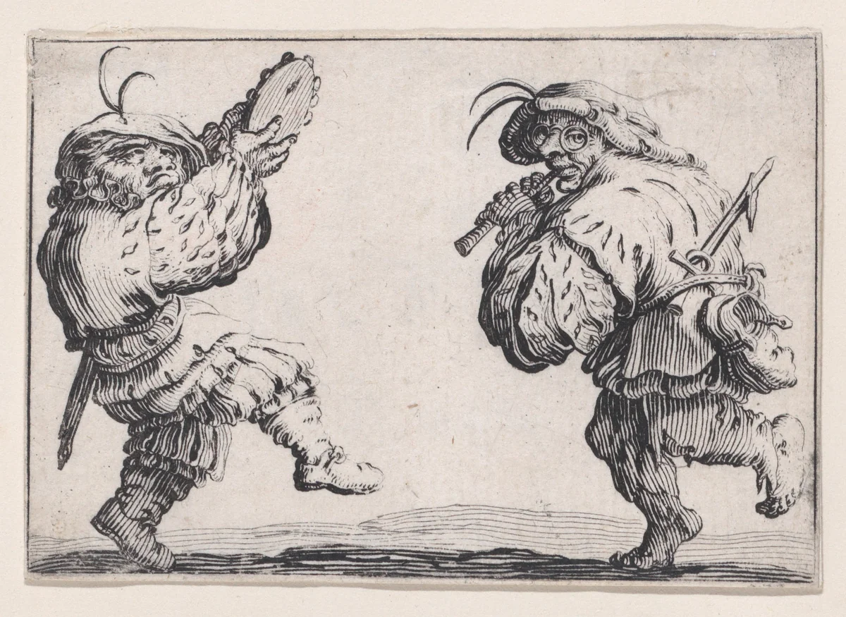 Les Danseurs a la Flute et au Tambourin (Dancers with the Flute and the Tambourine), from "Les Caprices" Series A, The Florence Set by Jacques Callot, print, 1617