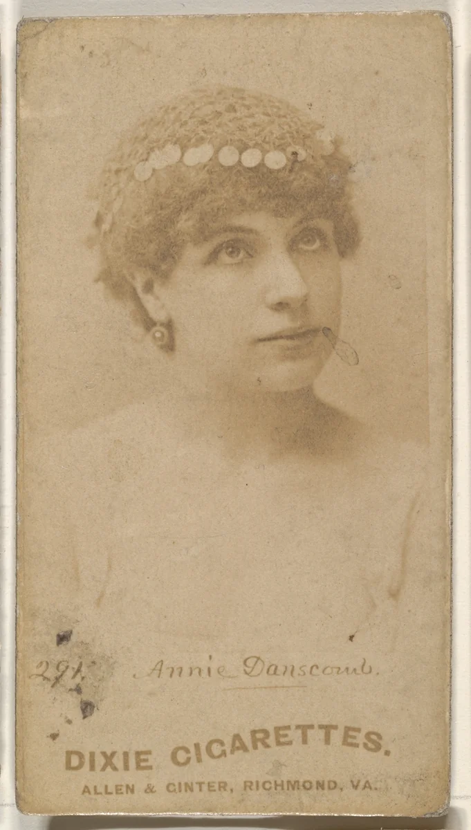 Card 291, Annie Danscomb, from the Actors and Actresses series (N45, Type 1) for Virginia Brights Cigarettes by Allen & Ginter, photograph, 1885-1891