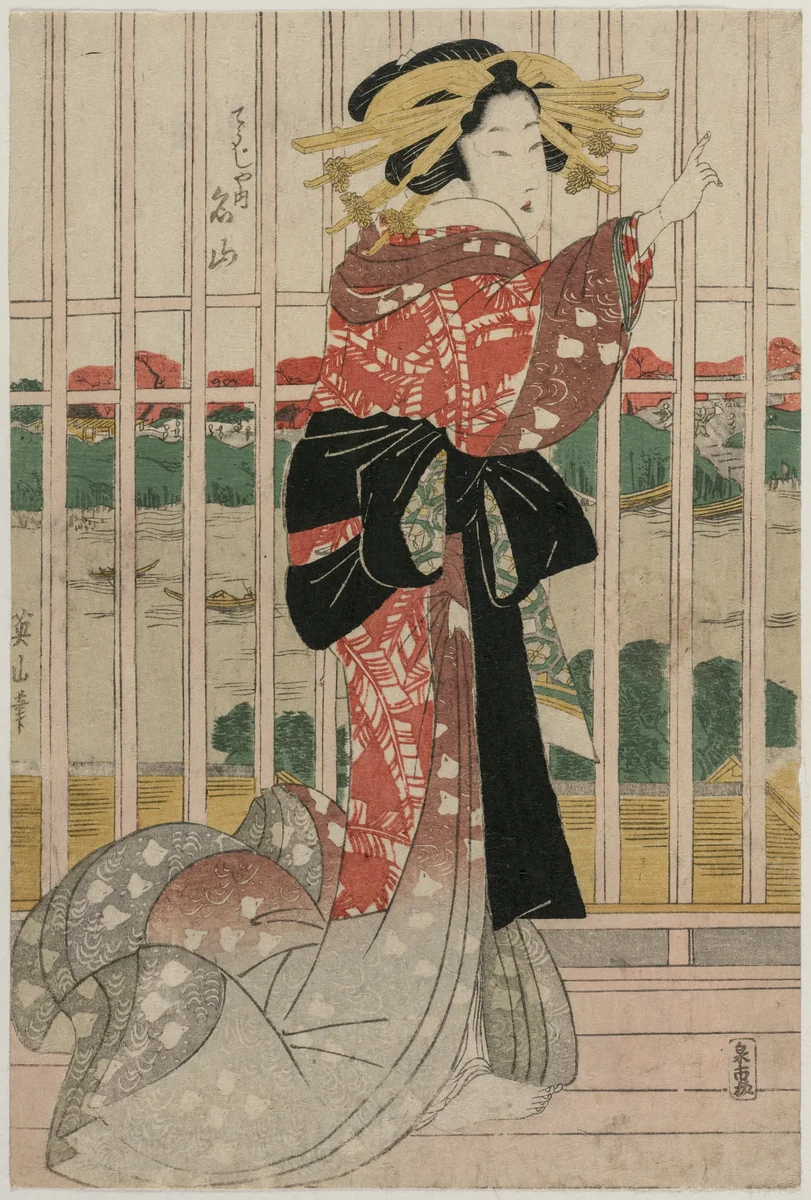 The Courtesan Meizan of the Chojiya on a Balcony Overlooking the Sumida River by Kikukawa Eizan, print, 1820-1829