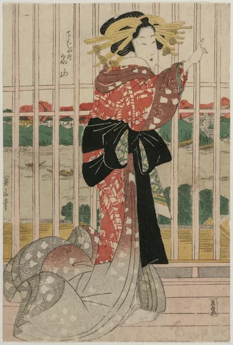 The Courtesan Meizan of the Chojiya on a Balcony Overlooking the Sumida River by Kikukawa Eizan, print, 1820-1829