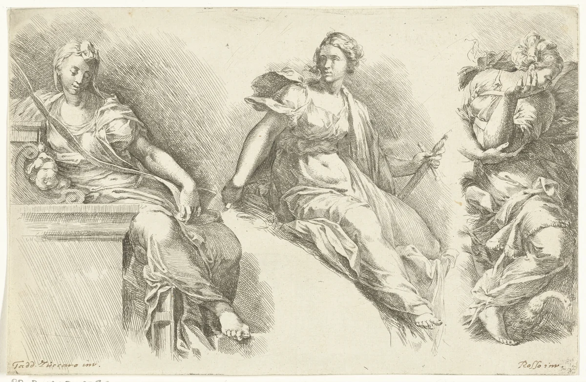 Drie zittende vrouwen by Jan de Bisschop, print, 1668-1671