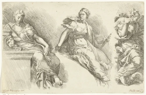Drie zittende vrouwen by Jan de Bisschop, print, 1668-1671