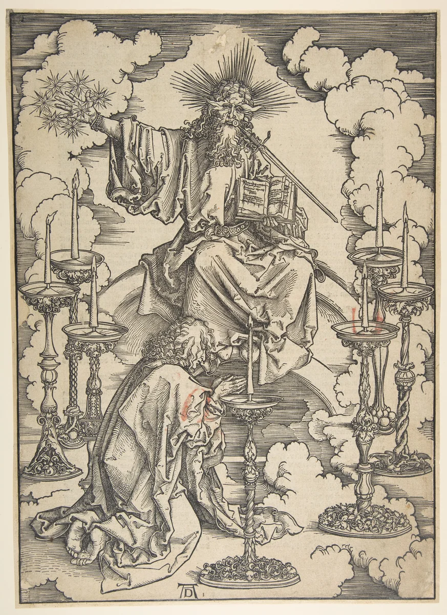 Saint John Beholding the Seven Golden Candlesticks, from "The Apocalypse" by Albrecht Dürer, print, 1497-1498