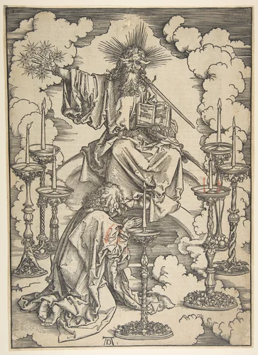Saint John Beholding the Seven Golden Candlesticks, from "The Apocalypse" by Albrecht Dürer, print, 1497-1498