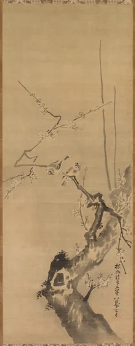 Sparrows on Blossoming Plum by Kano Tan'yū (狩野探幽), painting, 1661
