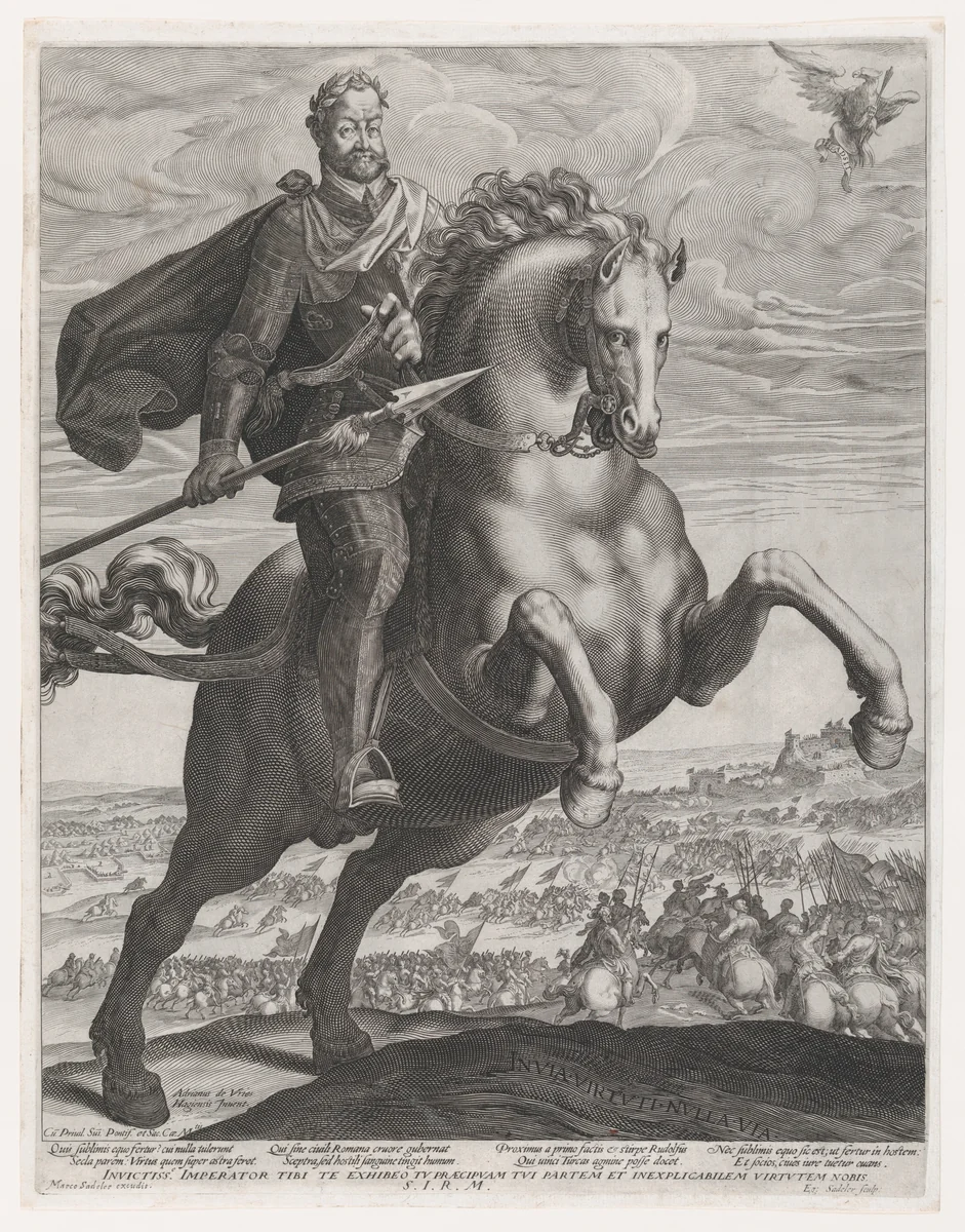 Portrait of Emperor Rudolph II on Horseback by Aegidius Sadeler II, print, 1586-1629