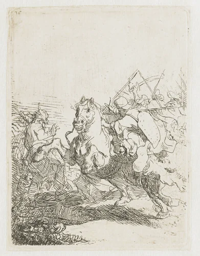 A cavalry fight by Rembrandt van Rijn, print, 1629